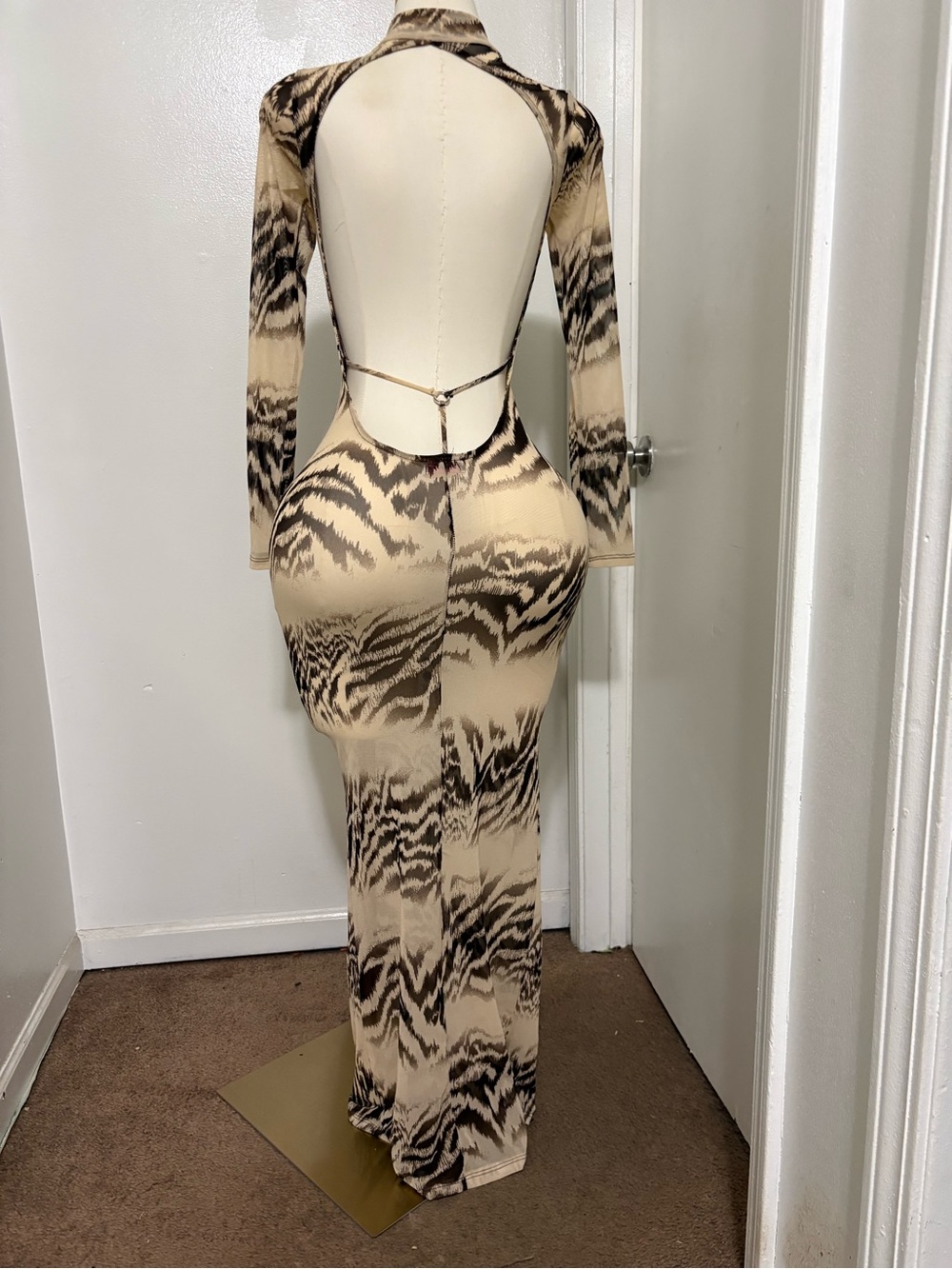 Long Sleeve Animal-Print Maxi Dress in Beige and Brown NWOT Small